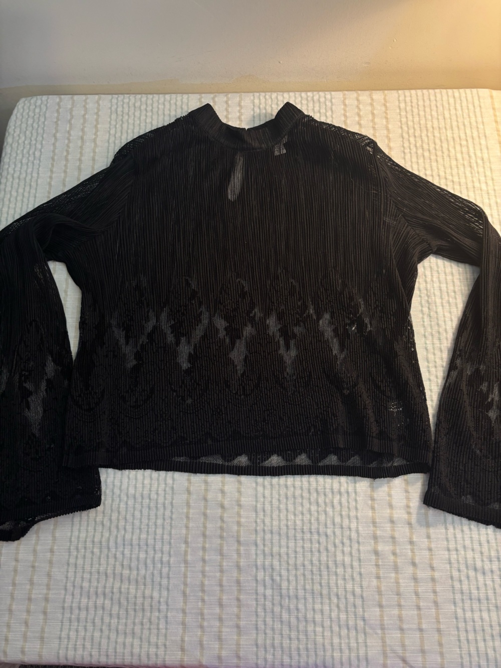 Bar III Black Sheer Long-Sleeve Knit Top with Subtle Pattern